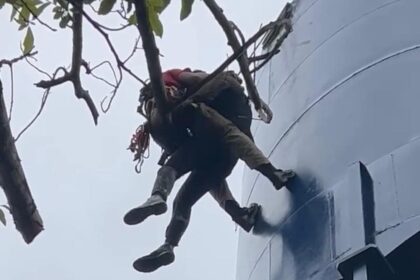 Bombeiros resgatam homens presos em caixa d’água a 20 metros de altura após intoxicação por solvente durante pintura